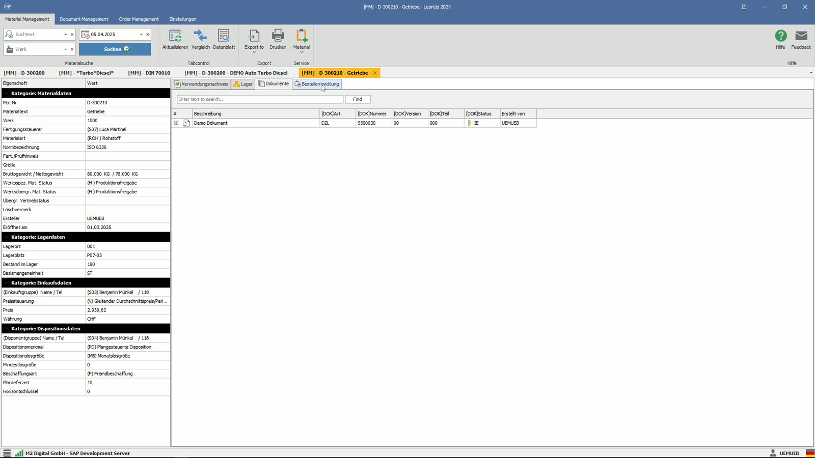LeanUp Desktop: Register Dokumente mit Dokumentinfosatz, zweites Material als eigene Registerkarte geöffnet