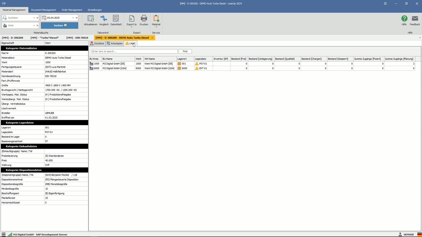 LeanUp Desktop: Register Lager mit Beständen über zwei Werke und Lagerorte