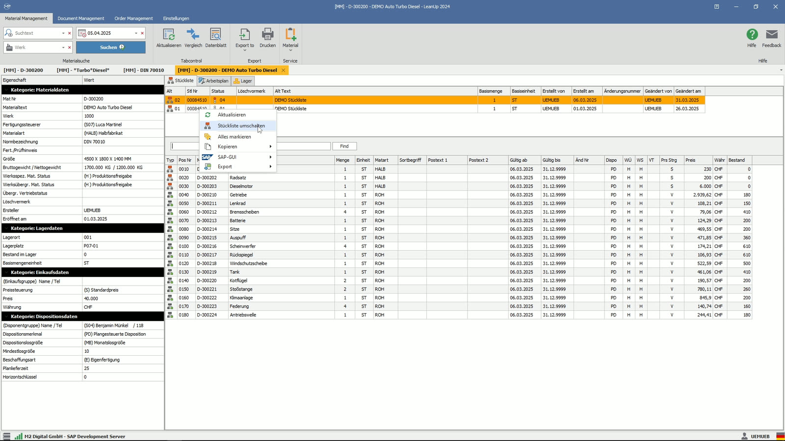 LeanUp Desktop: Materialstamm links, Stückliste rechts, Kontextmenü mit dem Sprung in die SAP GUI