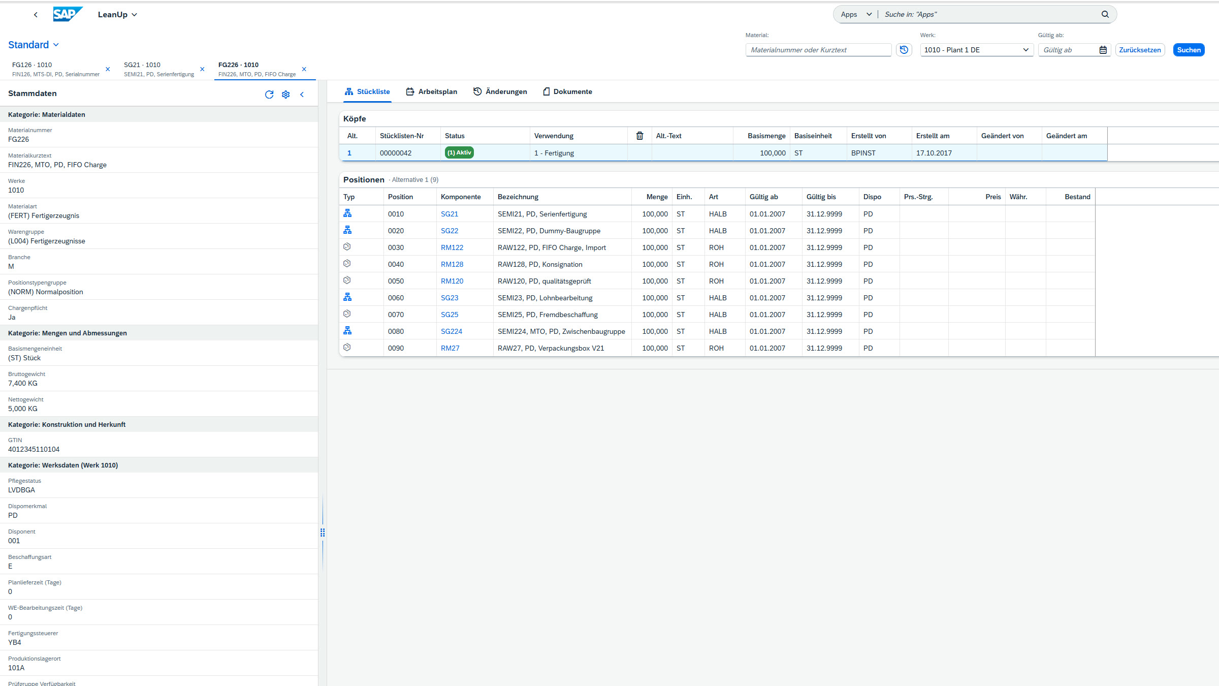 LeanUp im SAP Fiori Launchpad: mehrere Materialien als Registerkarten geöffnet, links der Materialstamm, rechts die Stückliste mit neun Positionen
