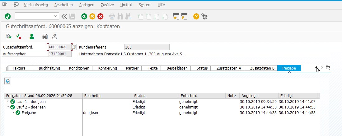 Header tab Approval in VA03: tree with two workflow runs, each with processor, status, decision and time stamps